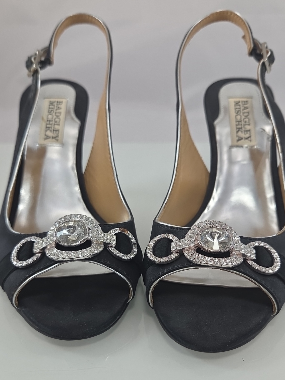 Badgley Mischka Black Embellished Slingback Peep-Toe Heels - Picture 11 of 13